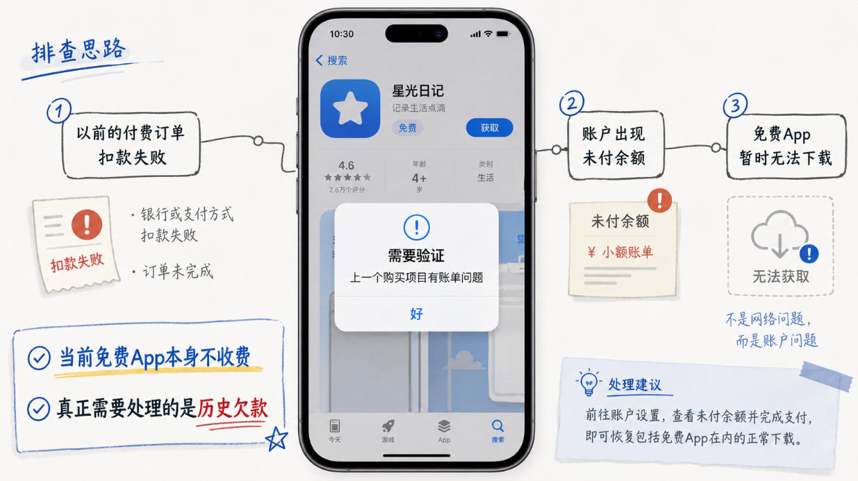 上一个购买项目有账单问题导致免费App无法下载的原因示意图