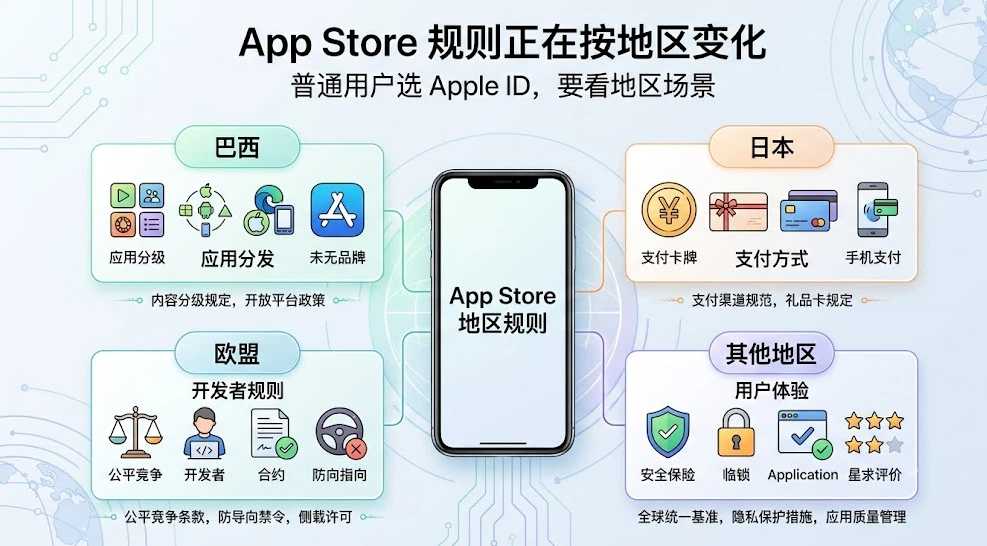 App Store地区规则变化下海外Apple ID怎么选的政策背景与苹果ID地区选择逻辑图