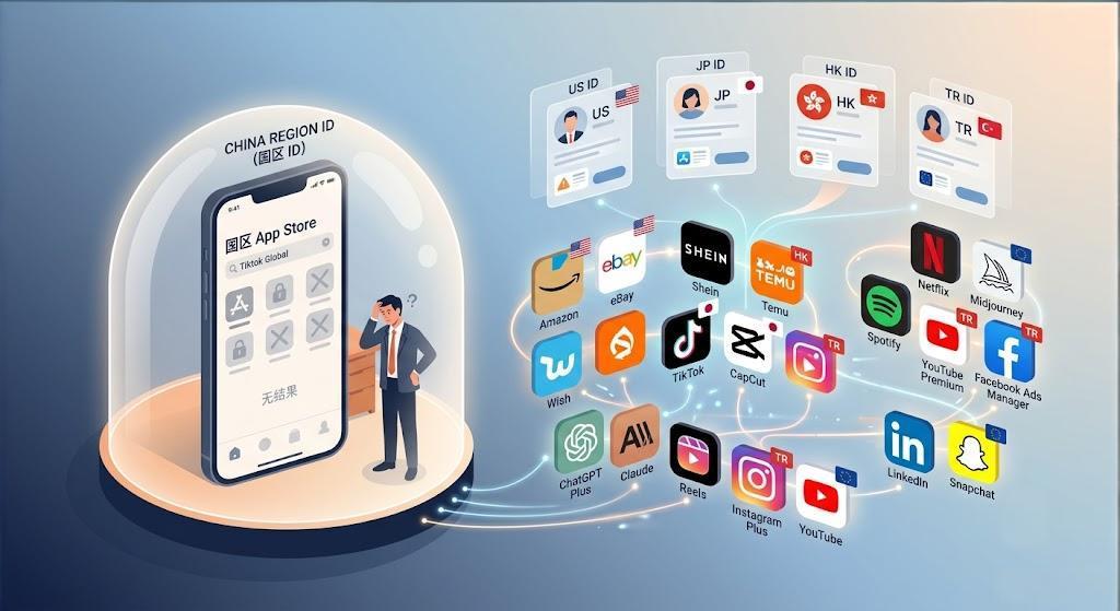 国区 Apple ID 限制与海外 Apple ID 解锁全球热门应用（TikTok, ChatGPT等）的直观对比图。