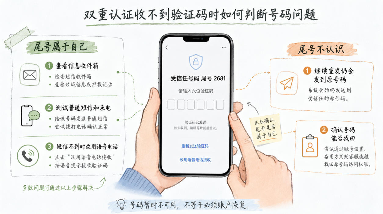 双重认证收不到验证码时判断号码尾号、短信电话和账户恢复条件