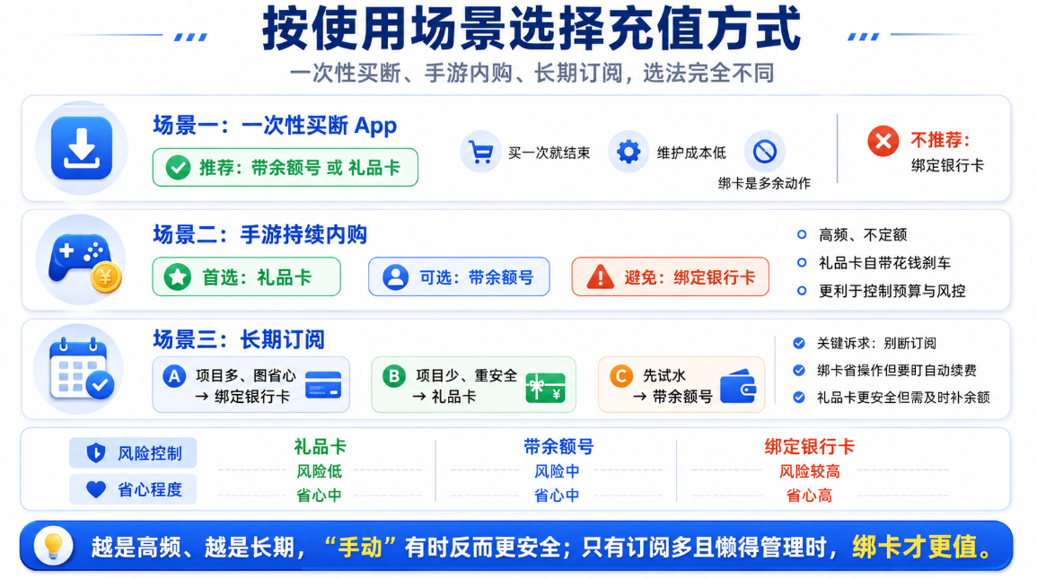 Apple ID 充值方式按使用场景选择示意图,对比一次性买断 App、手游持续内购和长期订阅三种场景,分别推荐带余额账号、礼品卡或绑定银行卡,并展示风险与省心程度差异。