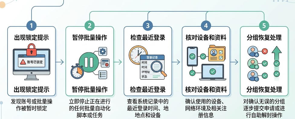 Apple ID批量号锁定排查流程图，展示暂停操作检查登录设备资料并分组处理