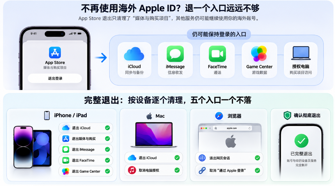 海外 Apple ID 完整退出操作信息图，展示退出前检查登录设备，并分别清理 iPhone、iPad、Mac 和浏览器中的 iCloud、媒体与购买项目、iMessage、FaceTime、Game Center、电脑授权、关联设备及“通过 Apple 登录”，最后确认主账号与“查找”功能恢复正常
