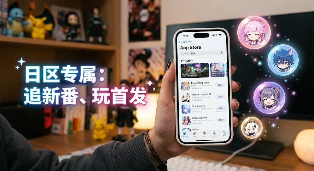 日区专属:追新番、玩首发的简体中文文字,强调用日区账号下载独占游戏的实操场景