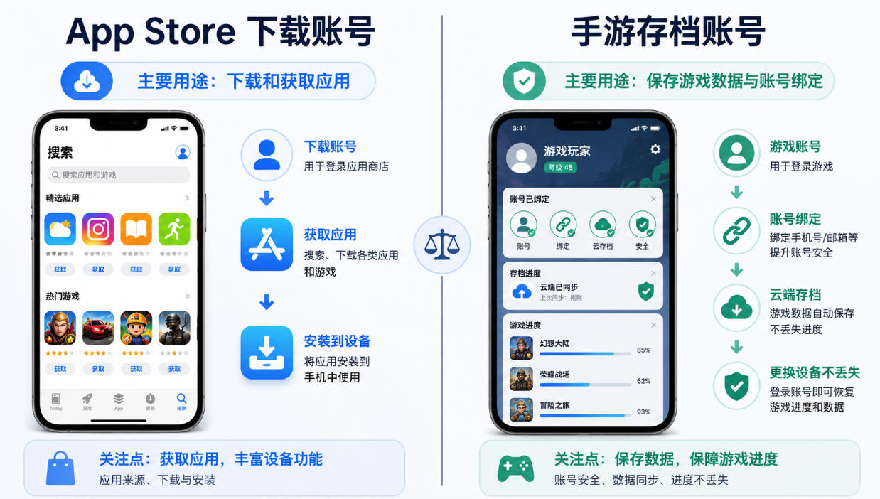 手游Apple ID切换存档关系图，展示App Store下载账号和游戏存档账号的区别