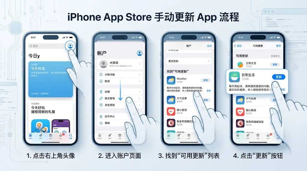 iPhone用户通过App Store头像进入更新列表,使用Apple ID更新App的操作步骤