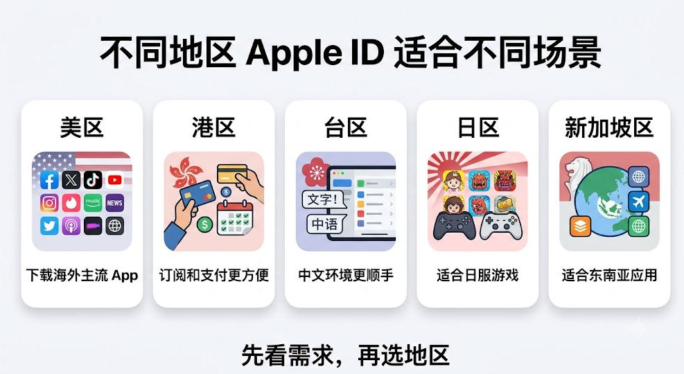美区港区台区日区新加坡等地区海外Apple ID怎么选的账号差异适用场景和购买判断完整对比图