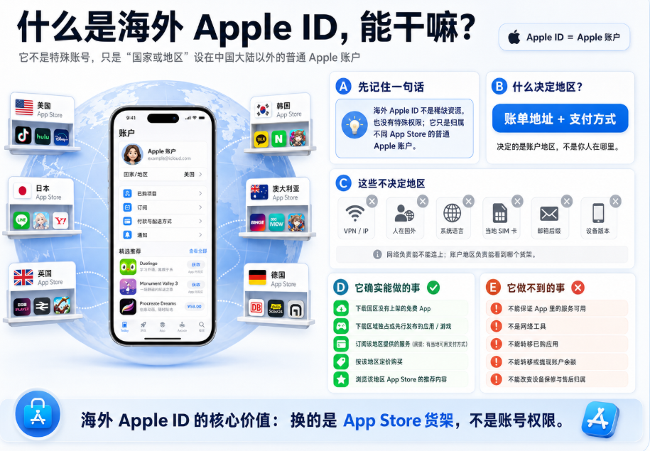 海外 Apple ID 介绍信息图,展示海外 Apple ID 只是将 Apple 账户国家或地区设置为中国大陆以外地区的普通账号,包含不同地区 App Store、账户地区决定因素、不能决定地区的因素,以及海外 Apple ID 能下载应用和不能实现的功能