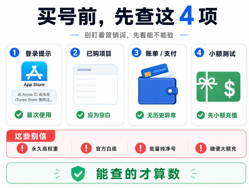 购买海外 Apple ID 前的四项检查信息图,提示依次核对首次使用提示、已购项目是否为空、账单和支付记录是否异常,并用正规礼品卡进行小额测试,强调只相信能够实际查验的账号状态。