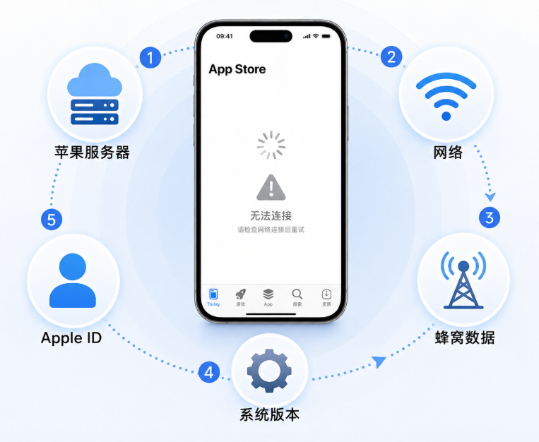 App Store 提示无法连接或页面空白的排查示意图,以 iPhone App Store 加载失败为中心,展示苹果服务器、Wi-Fi 网络、蜂窝数据、iOS 系统版本和 Apple ID 五个主要检查方向。