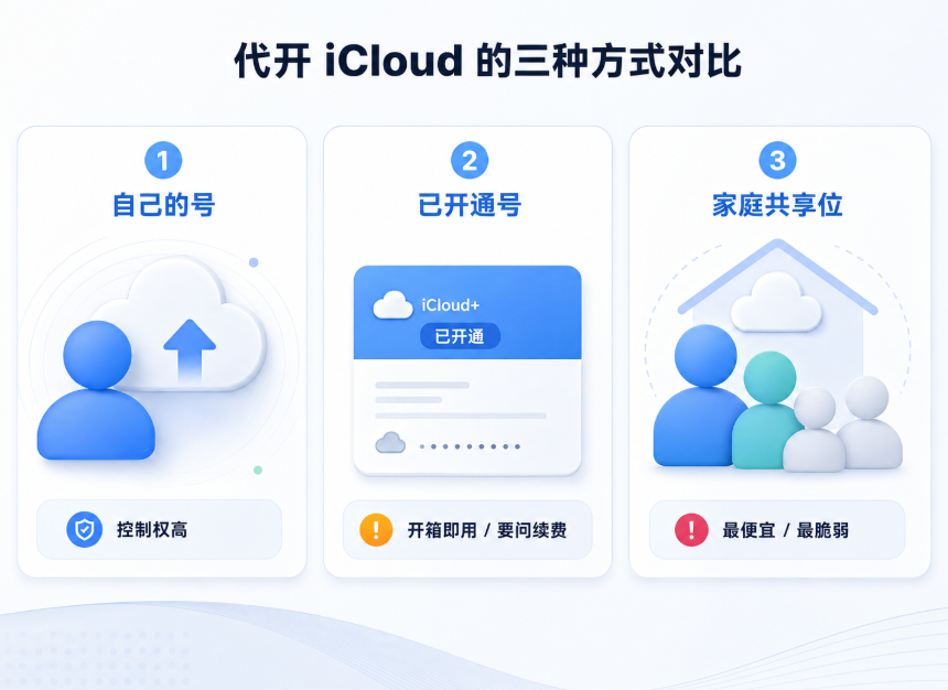 美区 Apple ID 代开 iCloud 的三种方式对比图,展示在自己的账号上开通、购买已开通账号和加入家庭共享三种方案,并对比账号控制权、续费责任和使用风险。
