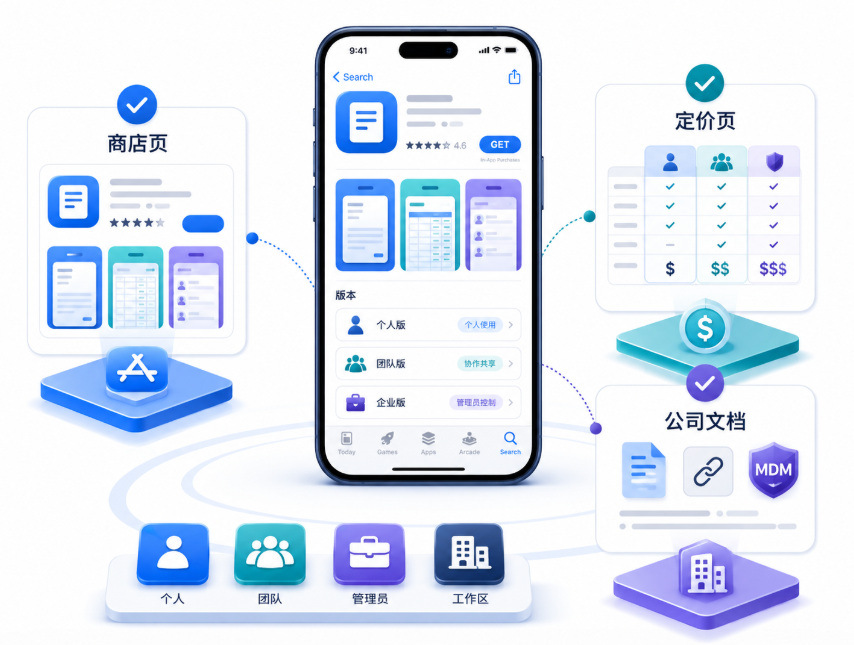 海外办公 App 下载前的版本识别信息图,展示从 App Store 商店页、开发者定价页和公司内部文档三个入口,判断应用属于个人版、团队版、管理员版或企业版,并确认是否需要工作区、SSO、MDM 或专用链接登录。