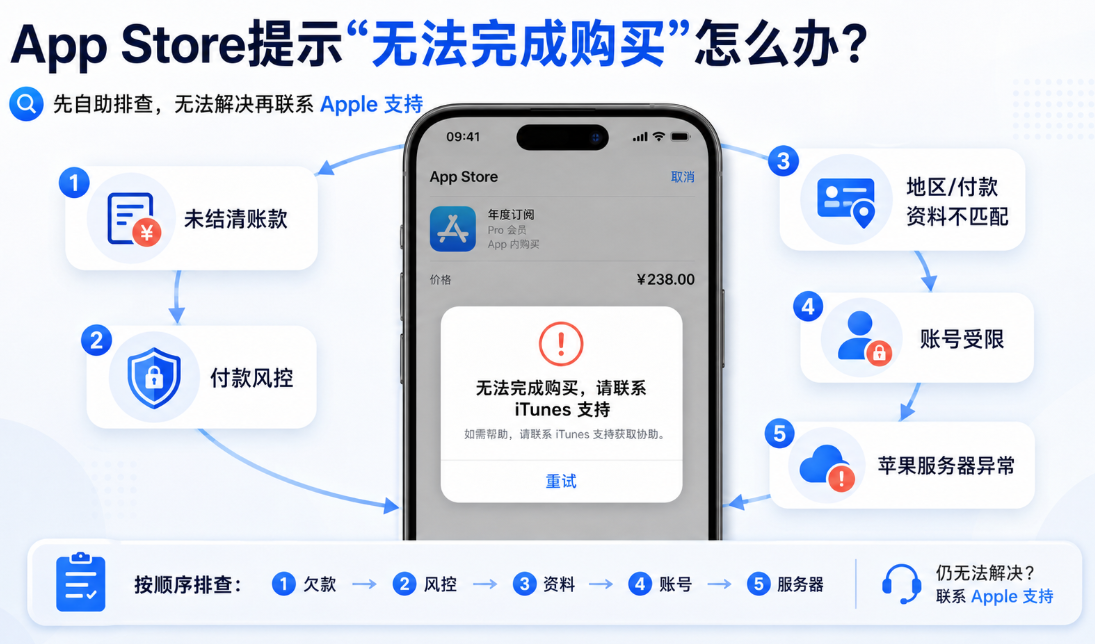 无法完成购买,请联系 iTunes 支持”故障排查示意图,展示未结清账款、付款风控、地区或付款资料不匹配、账号受限、苹果服务器异常五类常见原因及排查顺序