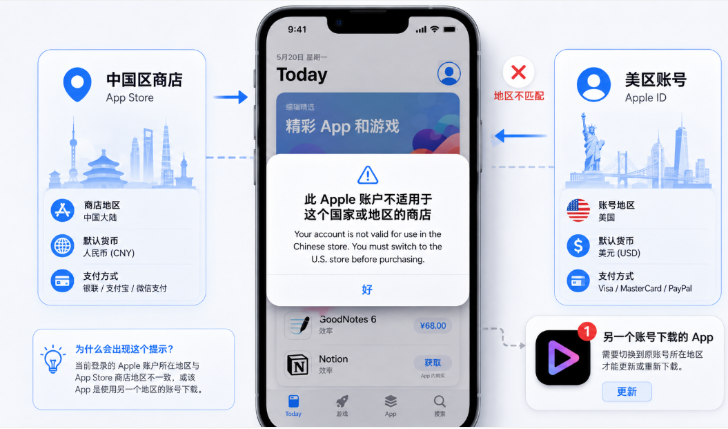 Apple ID 与 App Store 地区不匹配报错示意图,中国区商店登录美区账号导致“此 Apple 账户不适用于这个国家或地区的商店