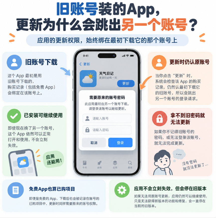 旧账号下载的 App 更新时会要求输入原 Apple ID 密码，说明应用更新权限绑定在最初下载账号上，已安装应用仍可使用但无法获取新版本。