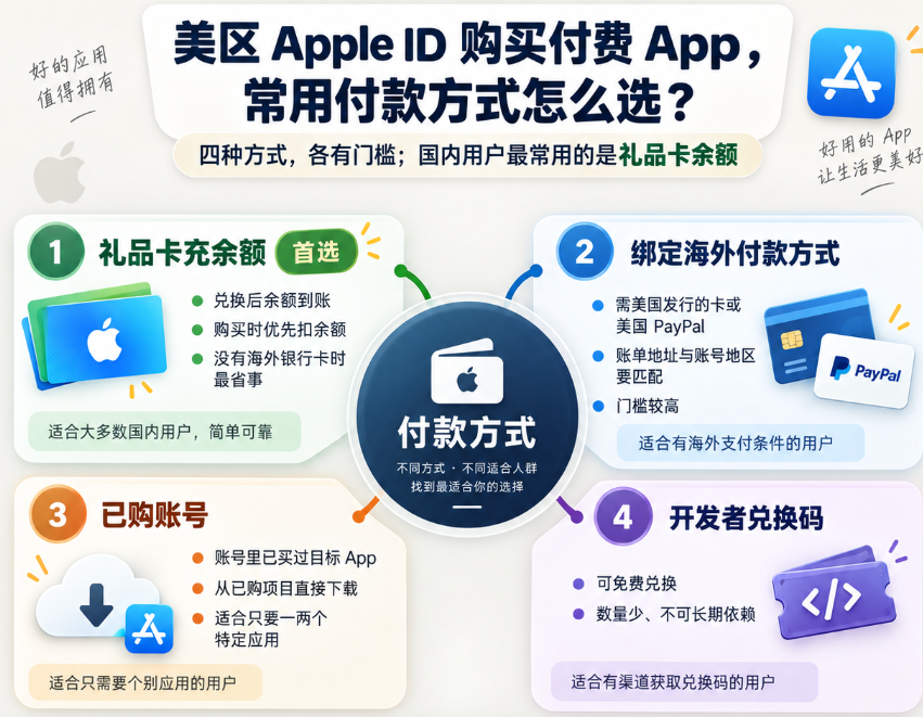 美区 Apple ID 购买付费 App 的四种付款方式对比,包括礼品卡充值余额、绑定海外付款方式、已购账号和开发者兑换码,帮助用户判断最适合的支付方案。