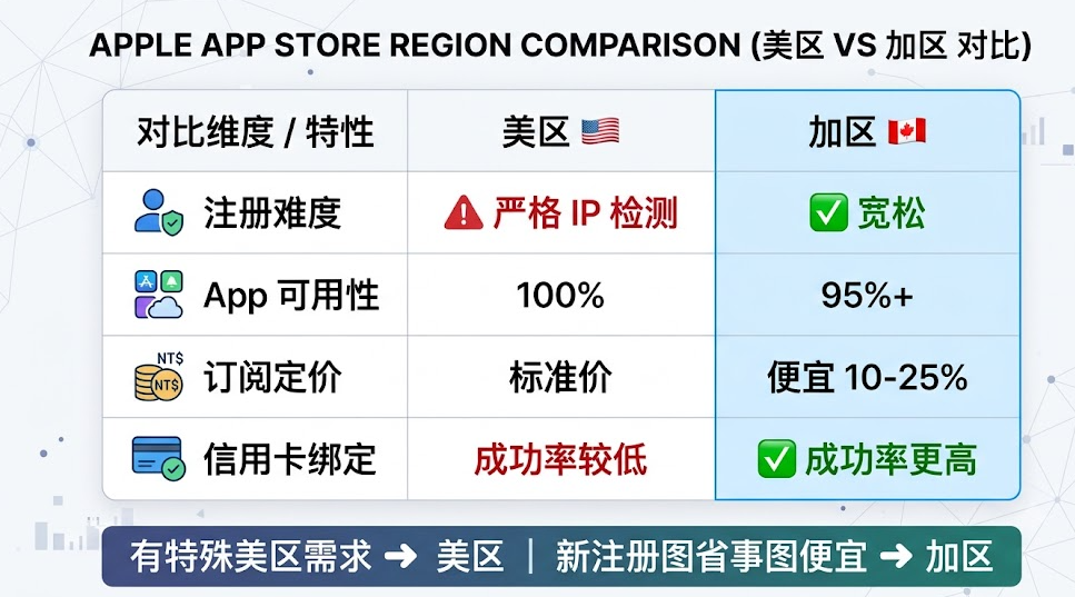 加区与美区在注册难度、App 可用性、定价、信用卡绑定四个维度的对比表。