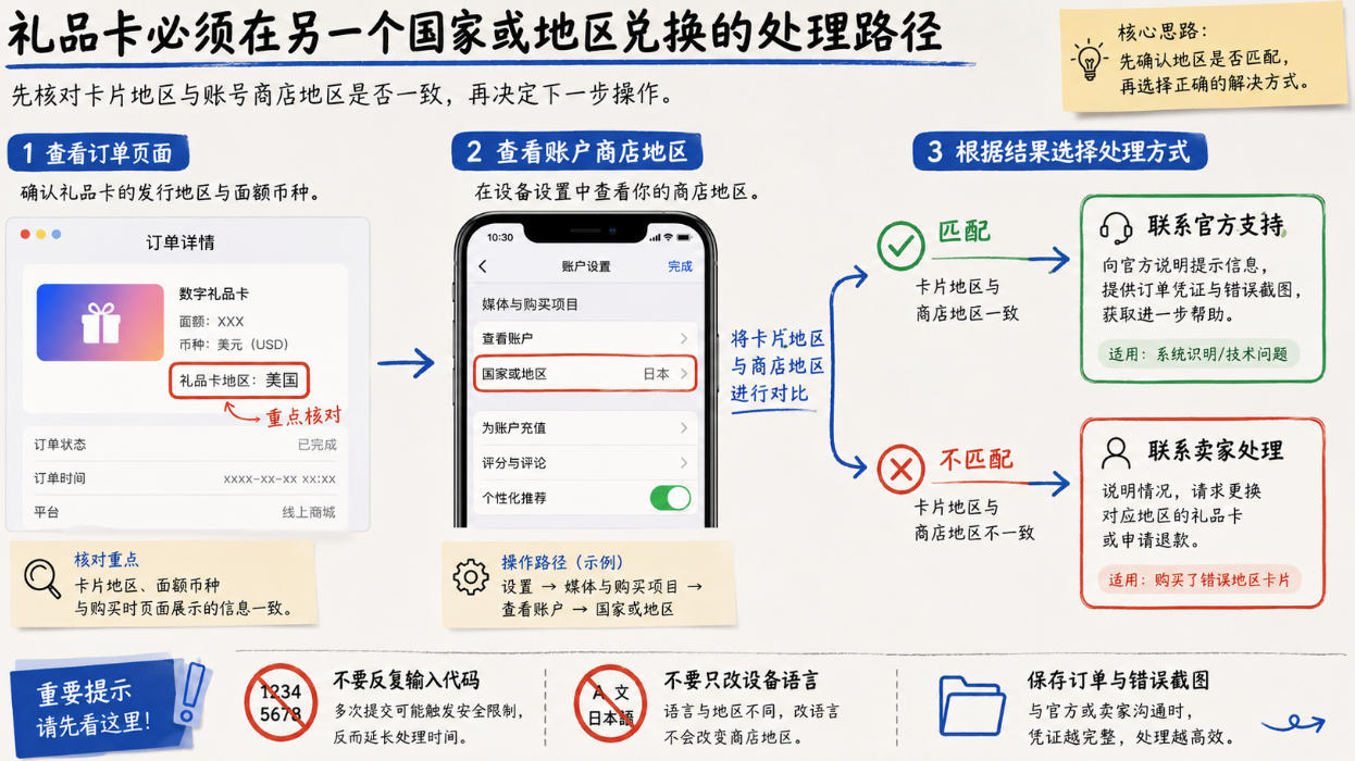 礼品卡地区不匹配排查图，核对Apple礼品卡发行地区与Apple账户商店地区是否一致
