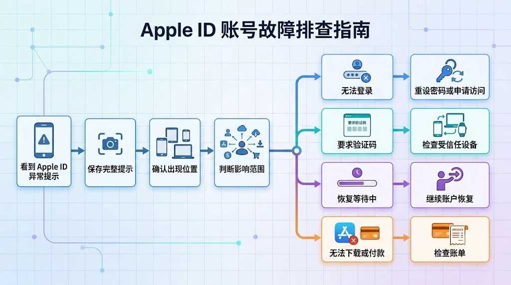 苹果ID异常排查流程图，按照登录受限、身份验证、账户恢复和付款问题选择对应处理入口，避免误判封号