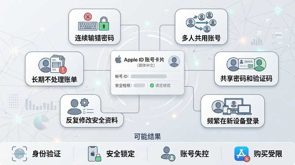 苹果官方常见Apple ID风险行为总览，包括密码试错、多人共用、陌生登录和异常支付等苹果ID风控场景