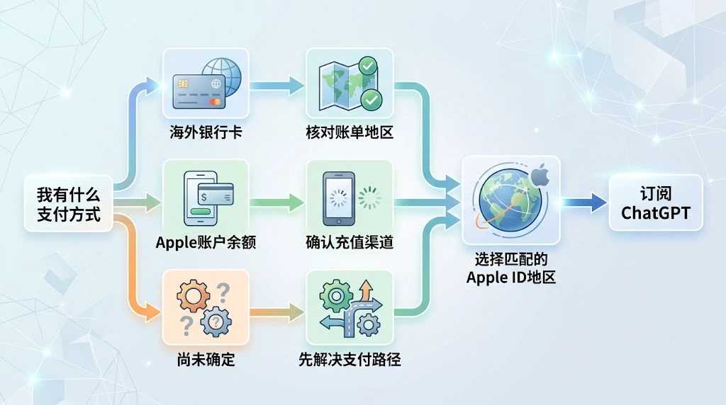 海外ID订阅AI前按银行卡或账户余额反推Apple ID地区并检查长期续费路径的选择流程图