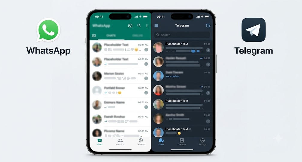 跨境电商与外贸必备的海外通讯工具展示，左侧为 WhatsApp 聊天界面，右侧为高隐私保护的 Telegram 电报应用界面。