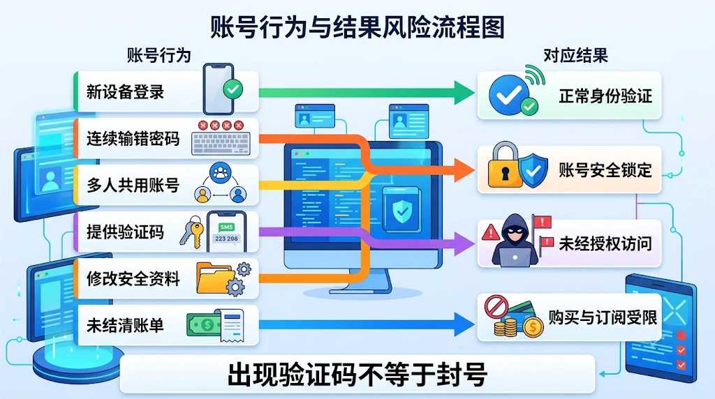 Apple ID风险行为与异常结果对照，区分新设备验证、密码锁定、账号失控和购买功能受限等情况
