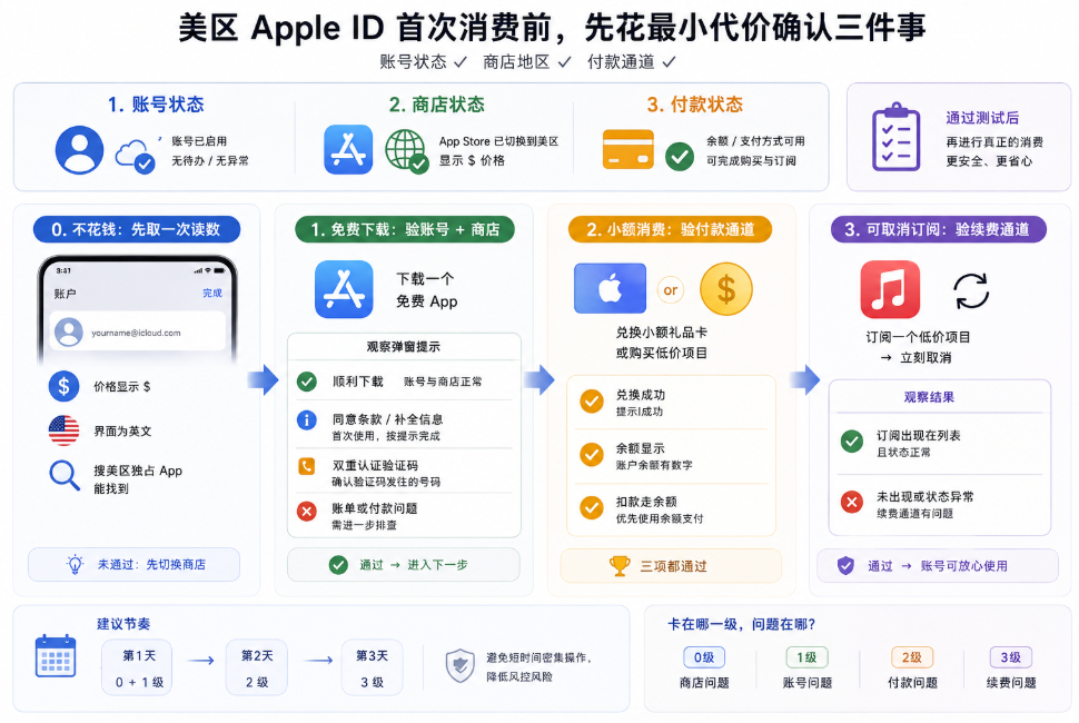 美区 Apple ID 首次消费前的低风险验证流程图,依次通过检查美元价格和美区应用、下载免费 App、兑换小额礼品卡或购买低价项目、测试可取消订阅,确认账号、App Store 地区和付款通道是否正常。