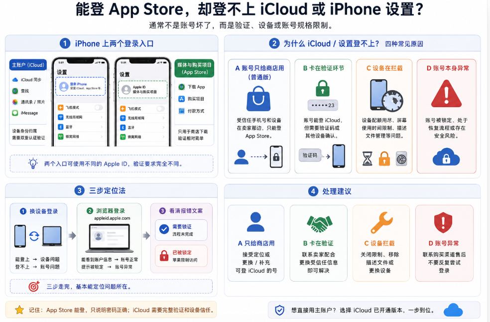 Apple ID 能登录 App Store 却无法登录 iCloud 的故障排查信息图,展示 iPhone 上“主账户”和“媒体与购买项目”两个独立登录入口,并归纳账号仅限商店使用、双重认证未完成、设备限制以及账号异常四类原因,同时提供换设备、网页登录和核对报错文案的三步定位方法