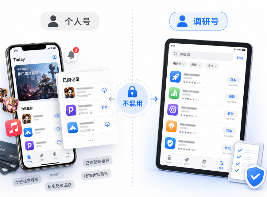 将个人 Apple ID 与 ASO 调研账号分开的信息图：一边是个人账号与日常购买记录，另一边是独立调研账号与测试下载，强调避免已购项目、推荐位和按钮状态被测试行为污染。