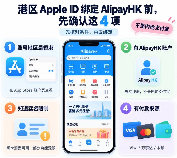 港区 Apple ID 绑定 AlipayHK 失败后的两种替代付款路线，包括用 AlipayHK 储值到账户余额，或购买香港区 Apple 礼品卡兑换余额后再购买 App 和订阅。