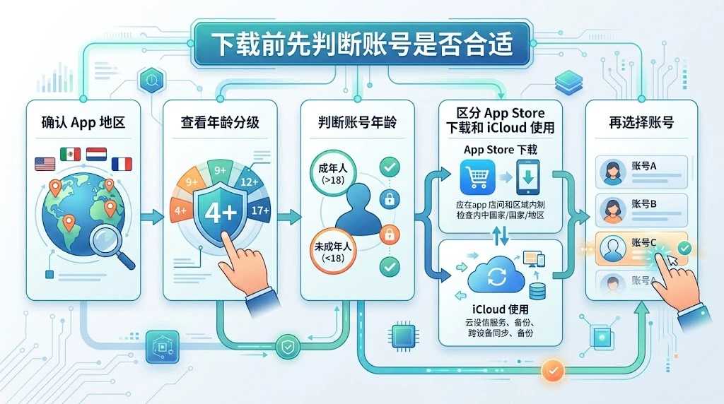 普通用户下载18+海外App前判断App Store年龄验证账号地区年龄信息是否匹配的流程图