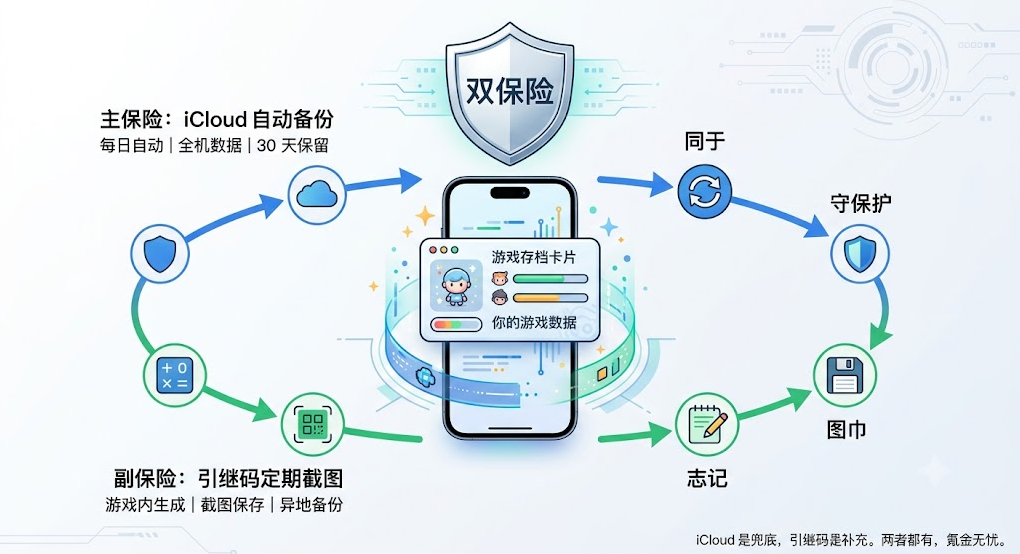 日服游戏数据双保险机制图，展示 iCloud 自动备份与引继码截图两层保护。