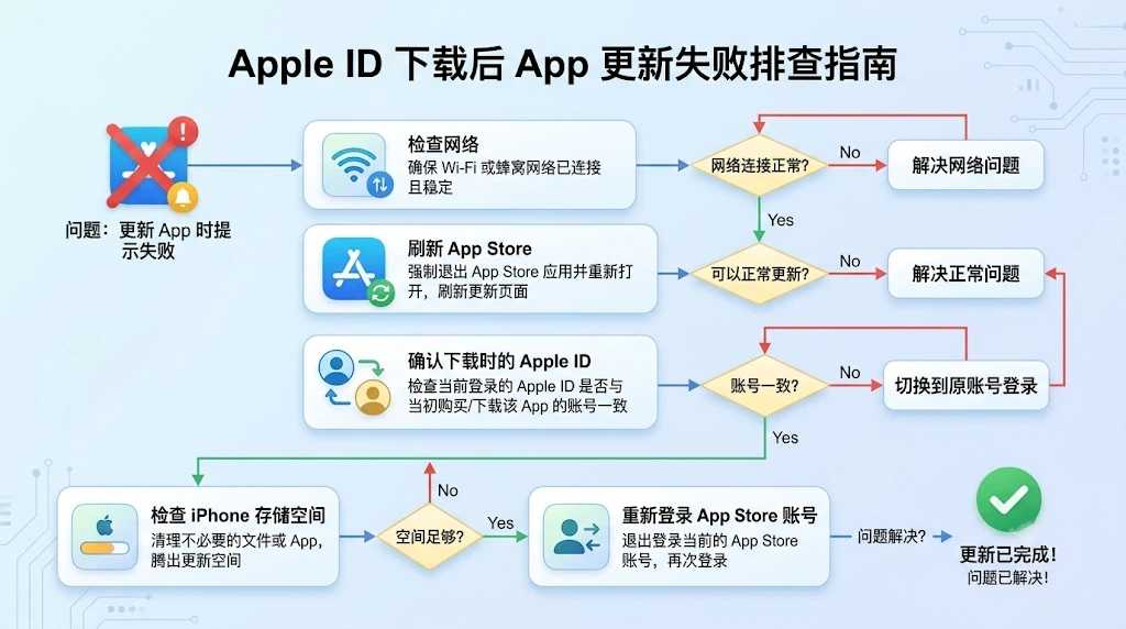 Apple ID更新App失败时,可检查网络、刷新App Store、确认下载账号和手机存储空间