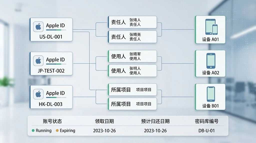 apple id批量管理台账将账号、责任人、使用人员、业务项目和固定设备建立清晰对应关系