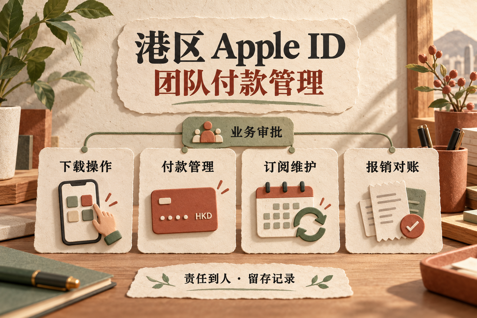 港区Apple ID 团队付款管理分工图，展示业务审批与下载操作、付款管理、订阅维护和报销对账四项职责。