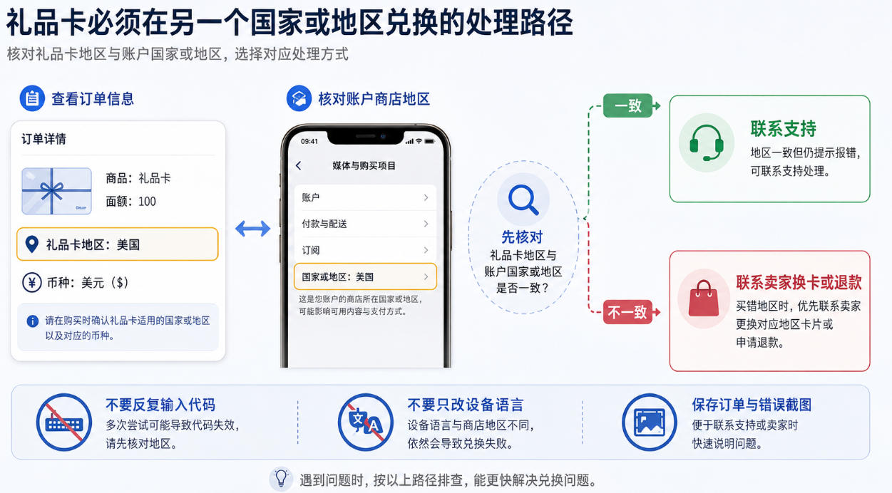 礼品卡必须在另一个国家或地区兑换处理流程，判断应联系卖家还是Apple支持