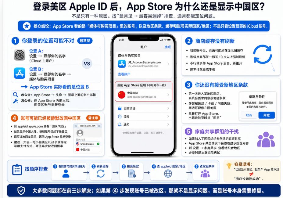 登录美区 Apple ID 后 App Store 仍显示中国区的排查信息图，展示需要检查“媒体与购买项目”登录账号、刷新商店缓存、接受美国区条款、确认 Apple 账户国家或地区，以及排查家庭共享群组影响等五个原因。