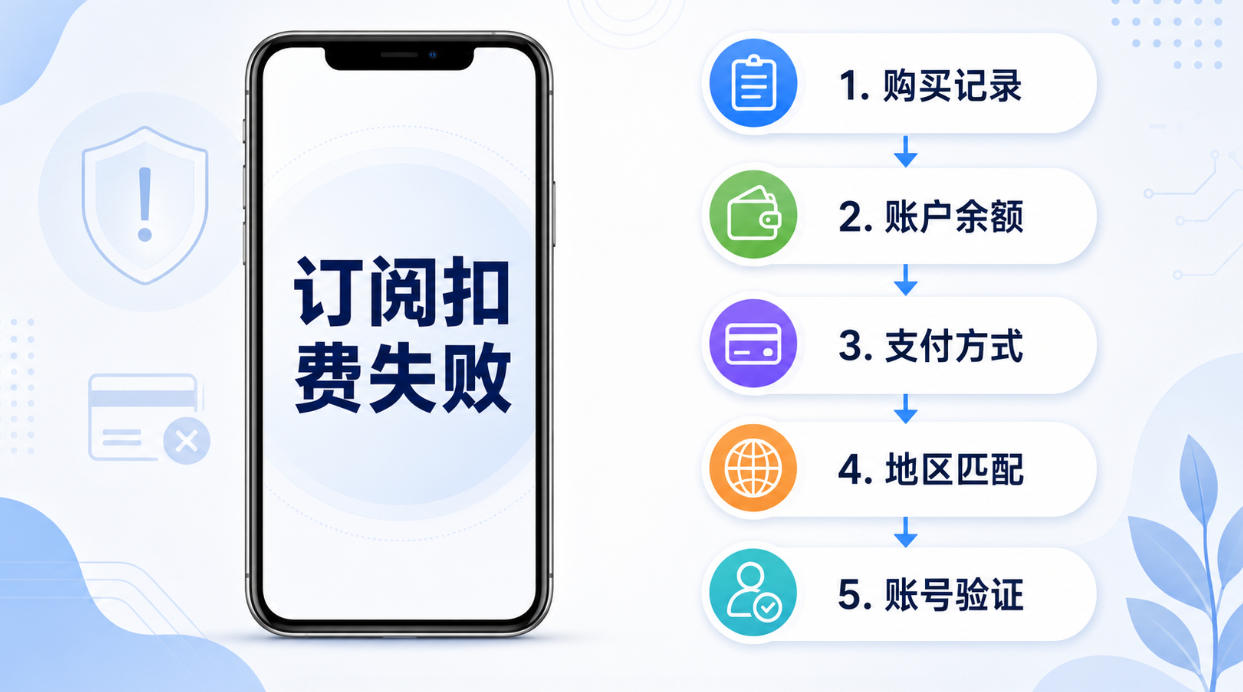 App Store订阅续费失败原因示意图，展示支付被拒、未付余额和账号地区不匹配的排查思路