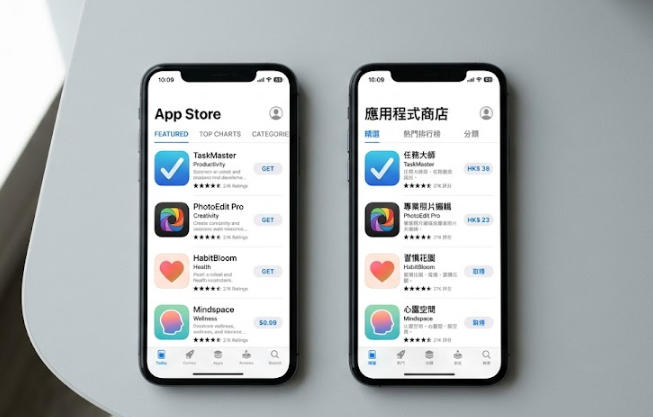 两台平放的智能手机屏幕对比，左侧为英文界面的美区App Store，右侧为繁体中文界面的港区App Store
