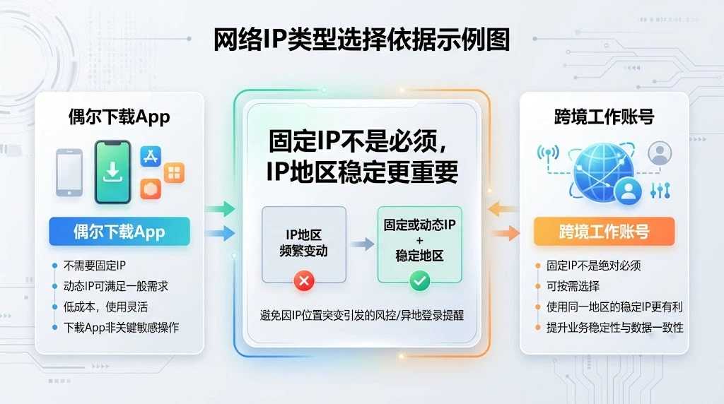 海外Apple ID登录要不要固定IP，普通下载用户和跨境工作账号使用场景详细判断流程示意图