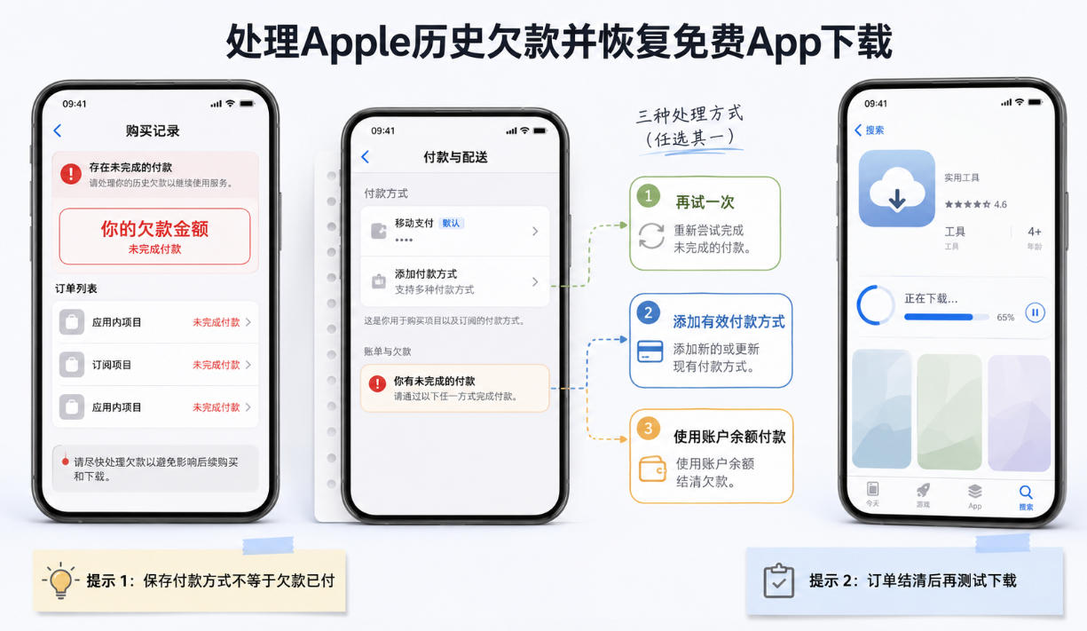 免费App也要验证付款时查找欠款并恢复下载的操作顺序