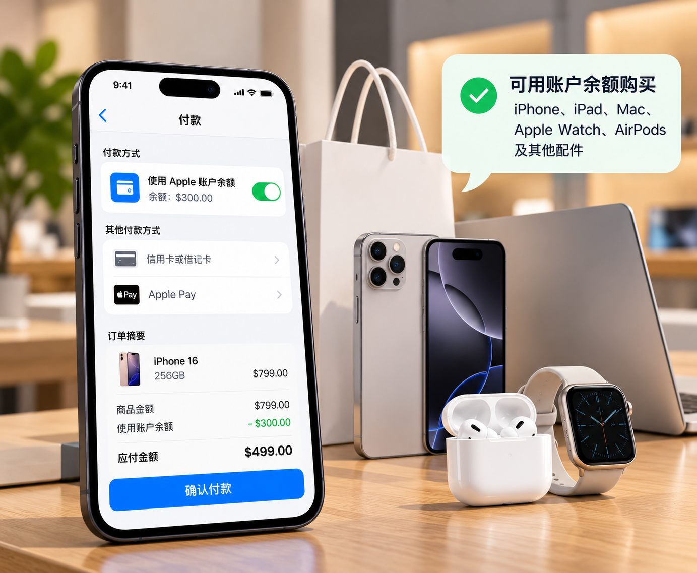 手机结账界面显示使用Apple账户余额支付iPhone订单,旁边展示AirPods、Mac和Apple Watch等硬件
