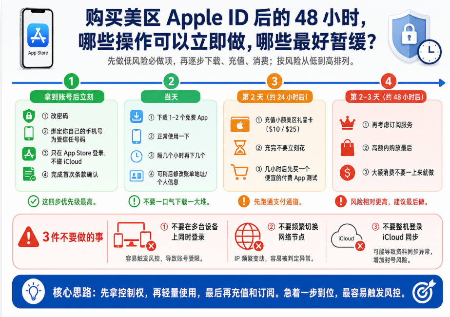购买美区 Apple ID 后前 48 小时安全操作时间线信息图,展示拿到账号后应立即修改密码、绑定受信任手机号、仅登录 App Store 并确认条款,随后分阶段下载免费 App、修改资料、充值礼品卡,以及等待约 48 小时后再订阅或高额内购,同时提醒不要多设备登录、频繁切换网络或整机登录 iCloud