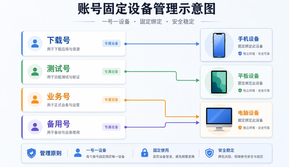 Apple ID批量防关联管理图，展示下载号测试号业务号按用途分组并固定设备使用