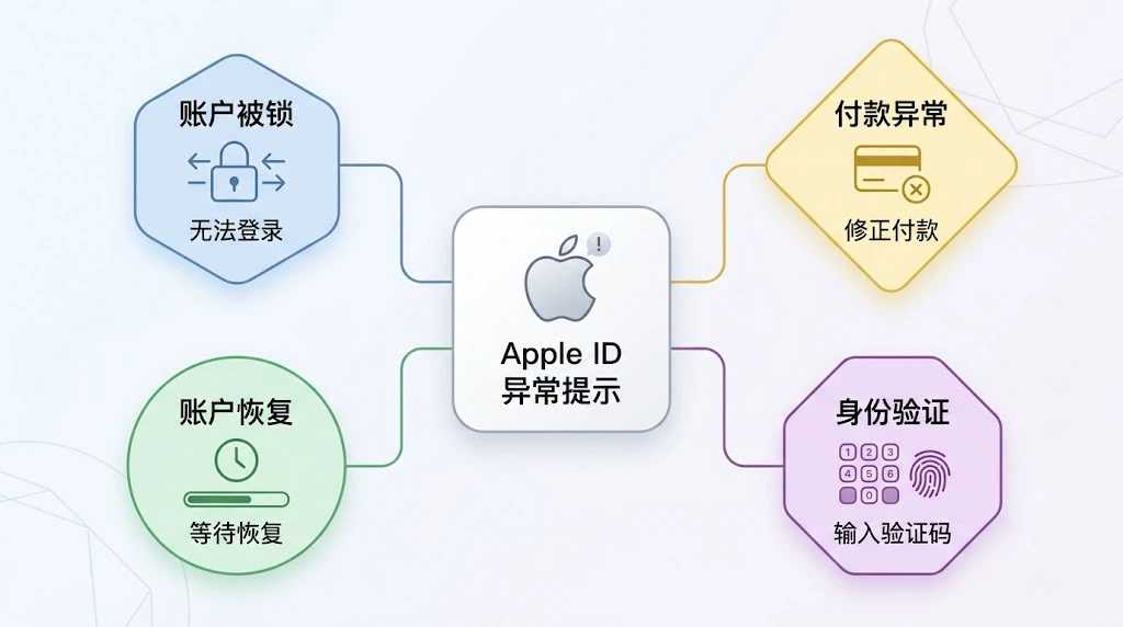 Apple ID被锁、Apple ID验证、账户恢复与付款异常四类提示的区别及影响范围对照图