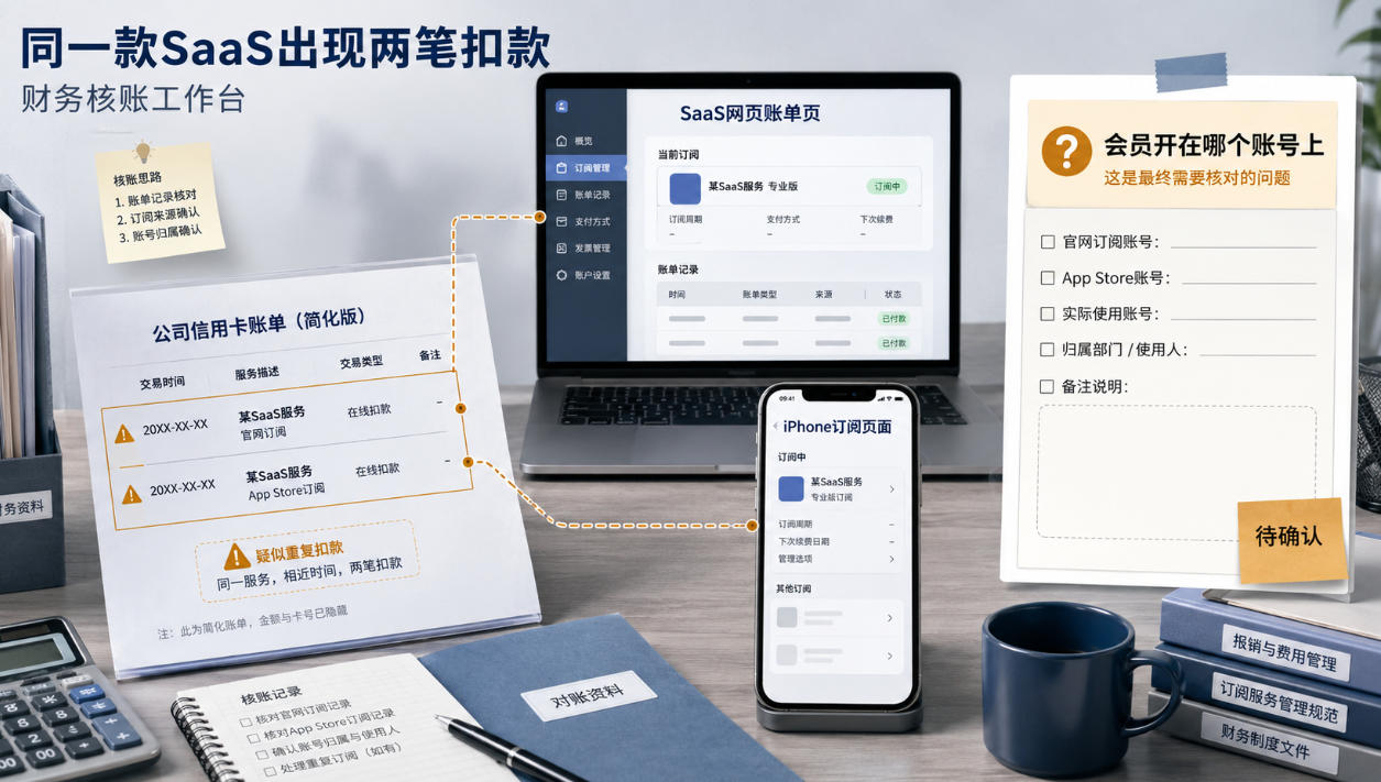 官网和App Store重复订阅的账单来源与SaaS账号核对示意图