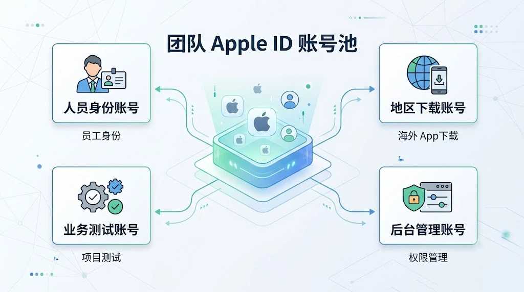 跨境团队进行apple id批量管理时，按人员身份、地区下载、业务测试和后台管理用途分类账号