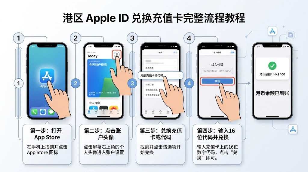港区Apple ID充值卡兑换步骤，包括进入App Store账户、输入16位代码和查看港币余额