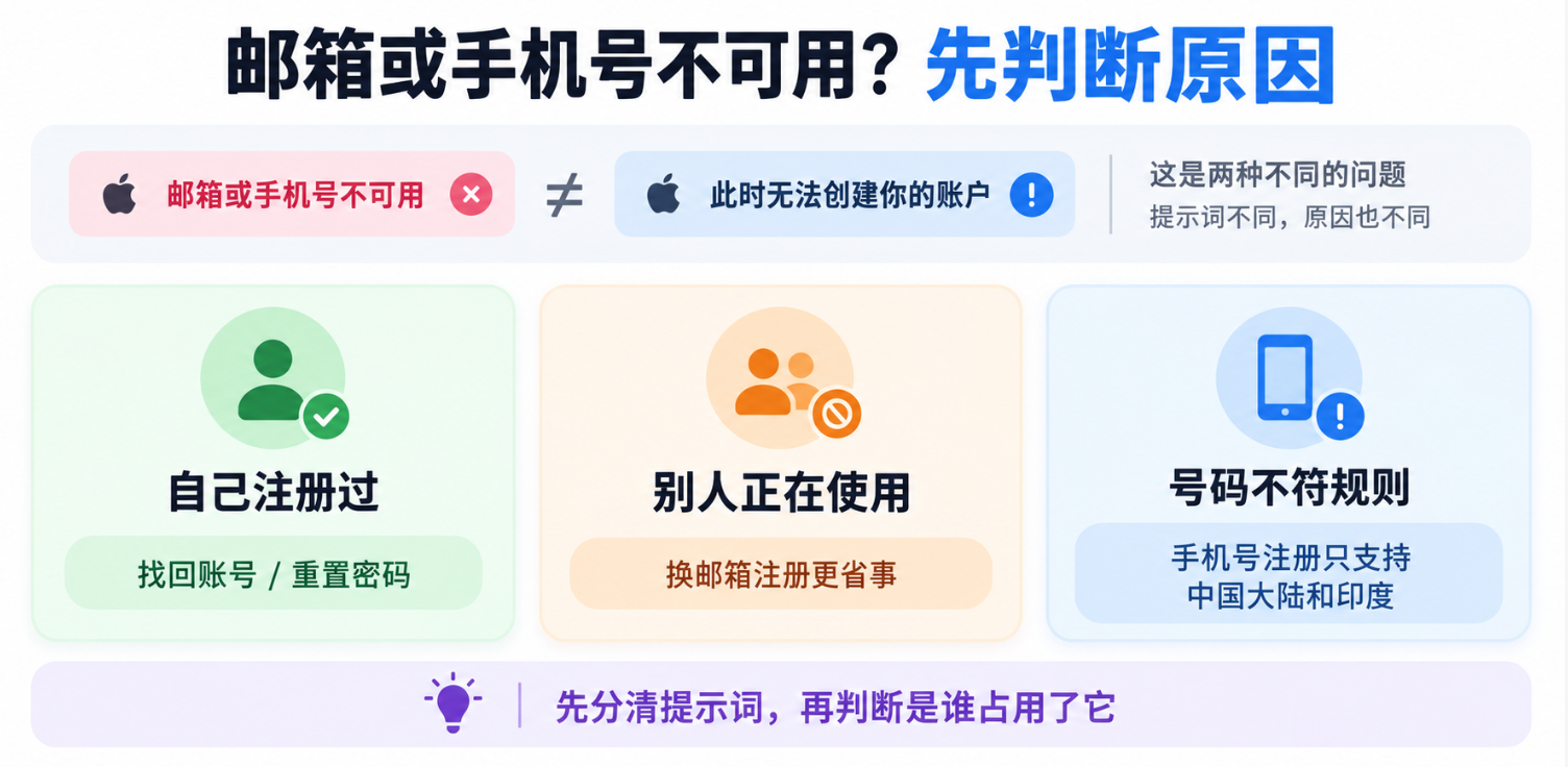 Apple ID 创建时提示邮箱或手机号不可用的原因判断图,说明该提示通常表示标识已被占用,并区分自己注册过、别人正在使用和手机号地区不符合规则等情况。
